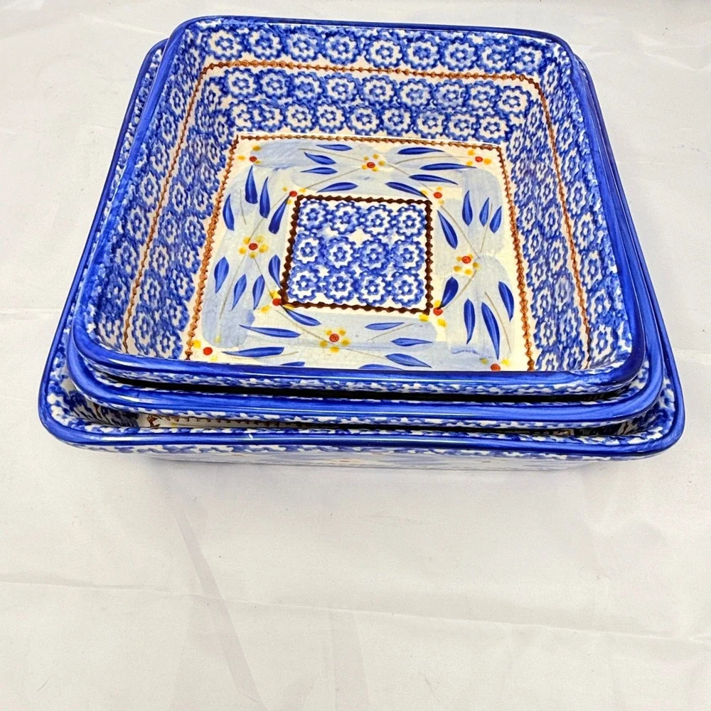 Temp-tations Old World Blue 3 Piece Nesting Square Baker Set 1.5qt 2qt 2.5qt